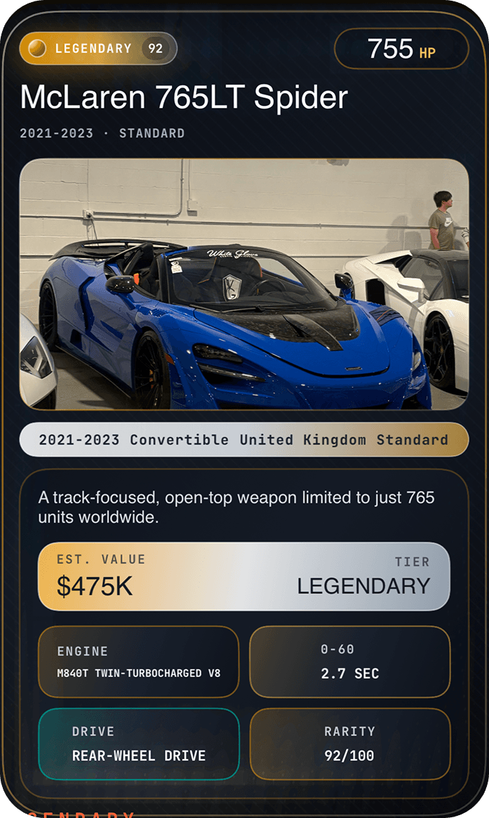 Actual CarDex McLaren 765LT Spider collectible card with its photo, rarity and specifications