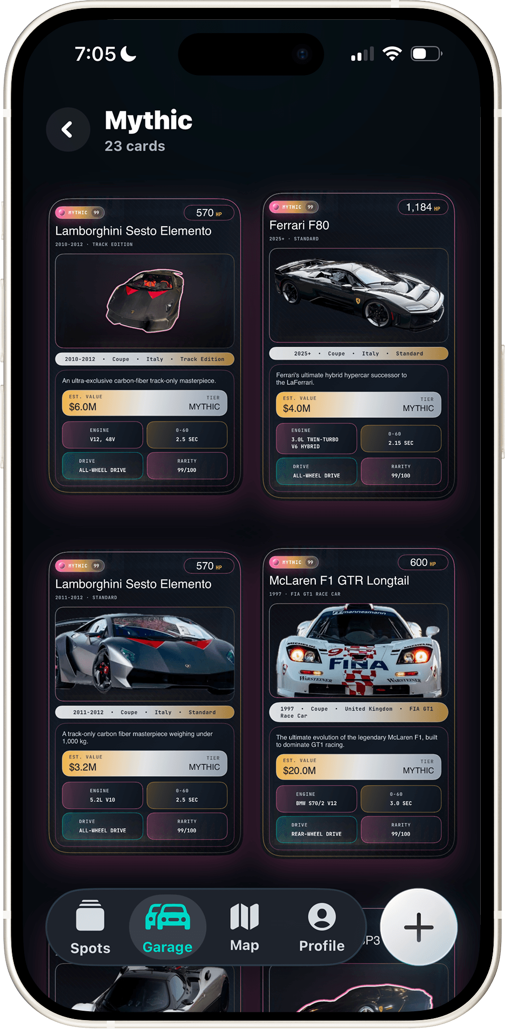 Actual CarDex garage with Lamborghini, Ferrari and McLaren collectible cards